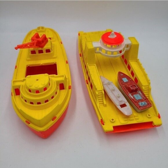 Vintage 60s Toy Plastic Ferry Boat 12” Greek Penny Car Carrier Tug Boats Set 4 - Picture 12 of 16